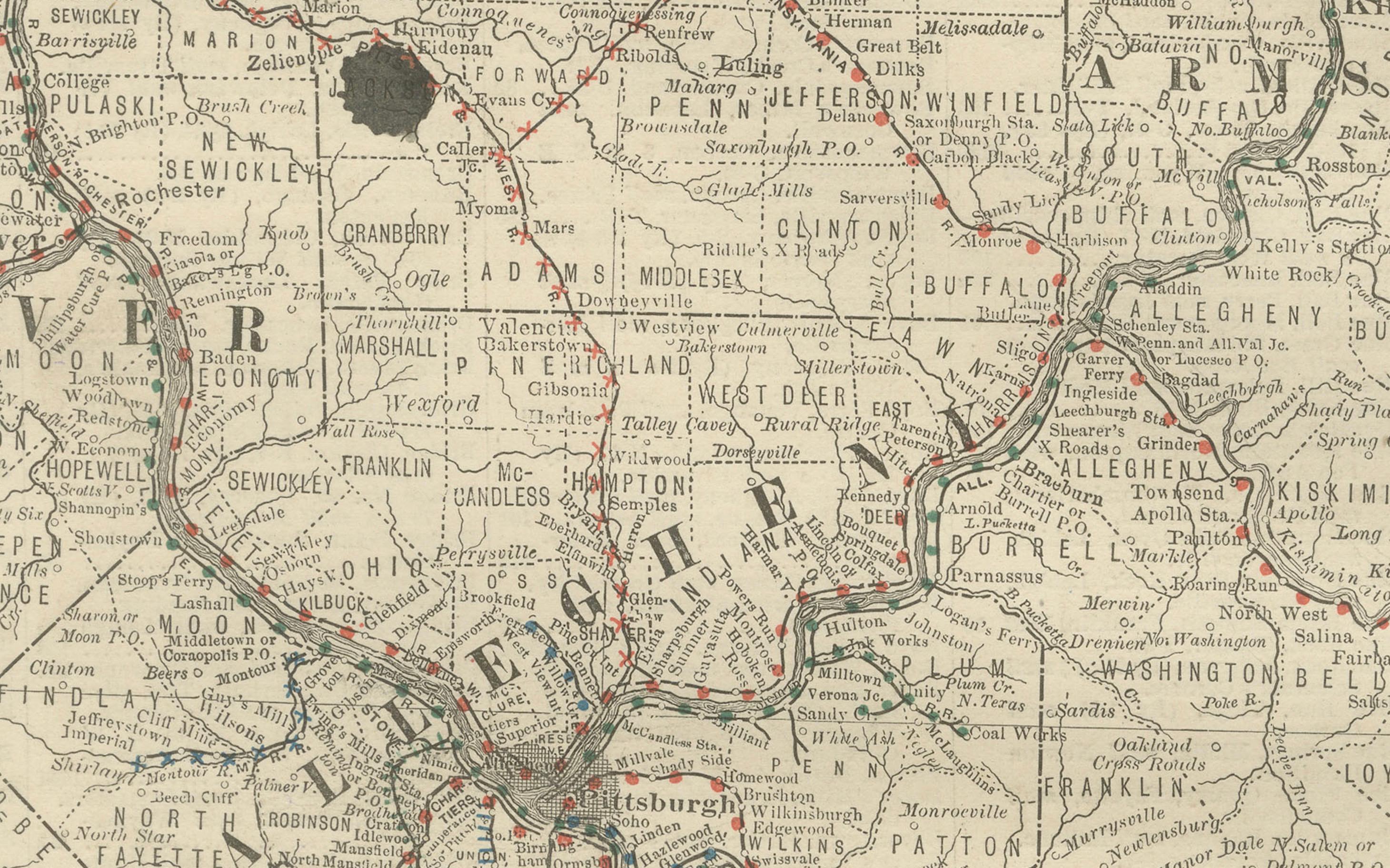 Mapa Antiguo del Sudoeste de Pensilvania c.1888 - Condados y Ciudades del Estado de Keystone en Bueno estado para la venta en Langweer, NL