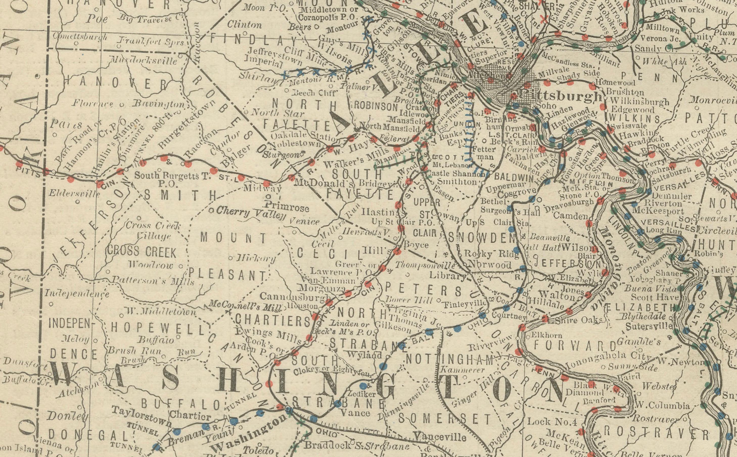 Mapa Antiguo del Sudoeste de Pensilvania c.1888 - Condados y Ciudades del Estado de Keystone siglo XIX en venta