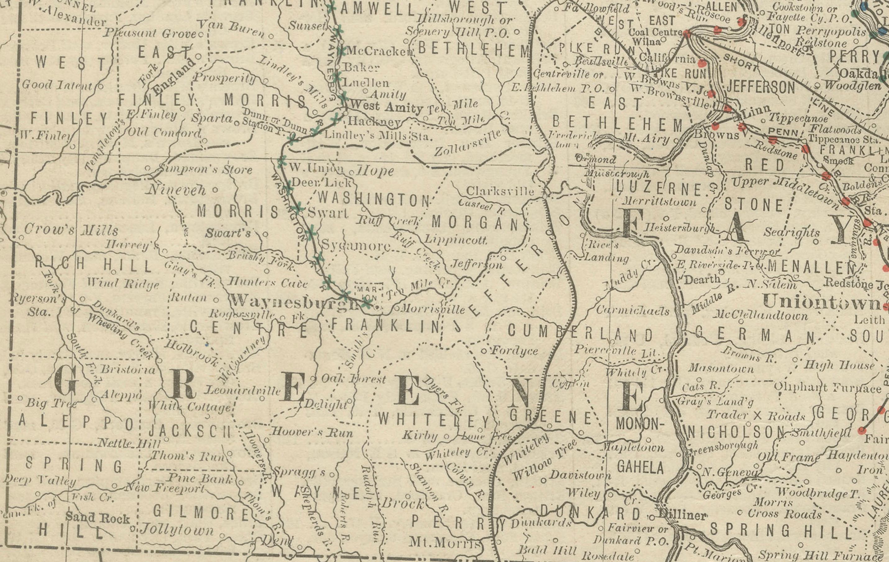 Mapa Antiguo del Sudoeste de Pensilvania c.1888 - Condados y Ciudades del Estado de Keystone Papel en venta