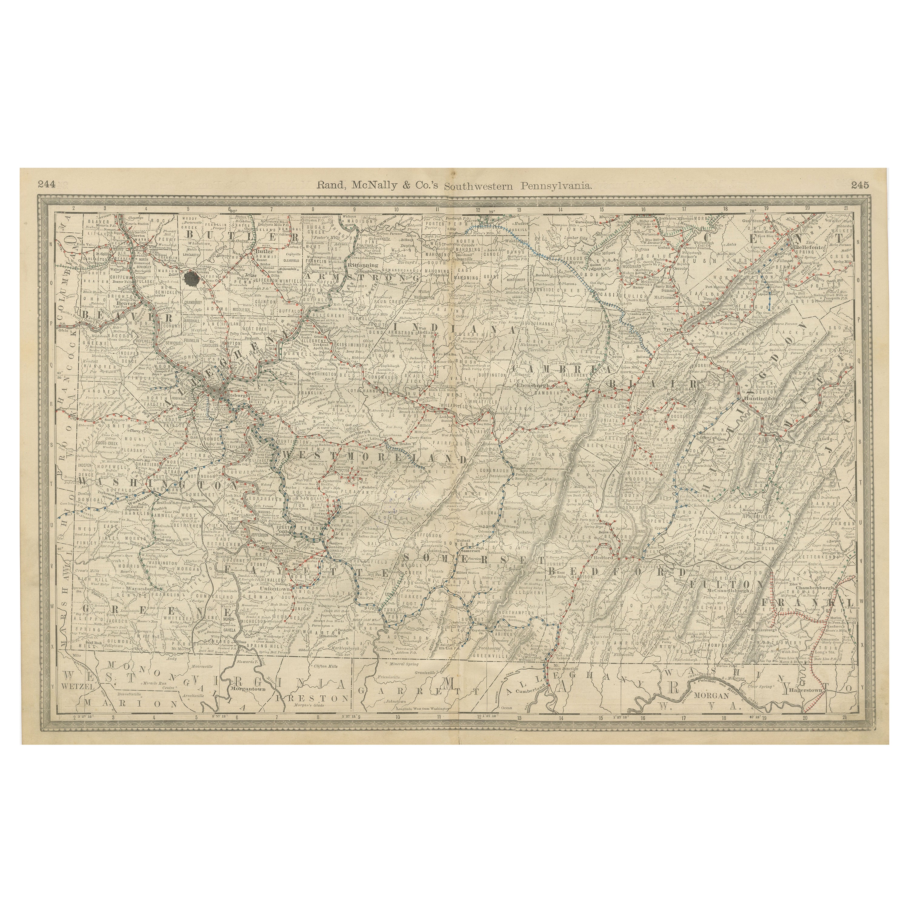 Southwestern Pennsylvania Antique Map c.1888 – Keystone State Counties & Cities