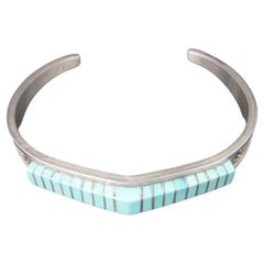Southwestern Raised Turquoise Inlay Cuff Bracelet Sterling 6 Inches