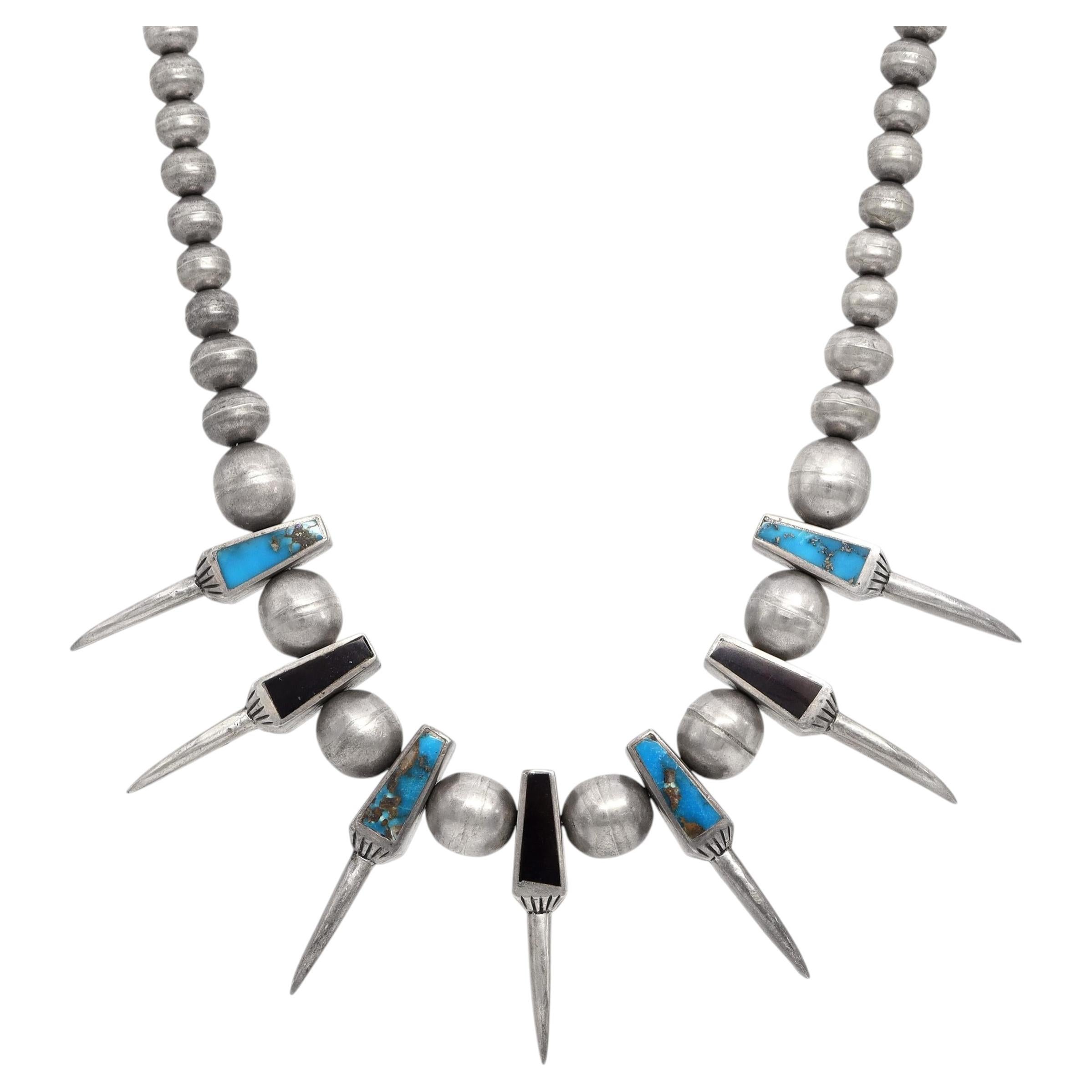 Southwestern Silver Multi-Stone Inlay Bear Claw Motif Beaded Necklace For Sale