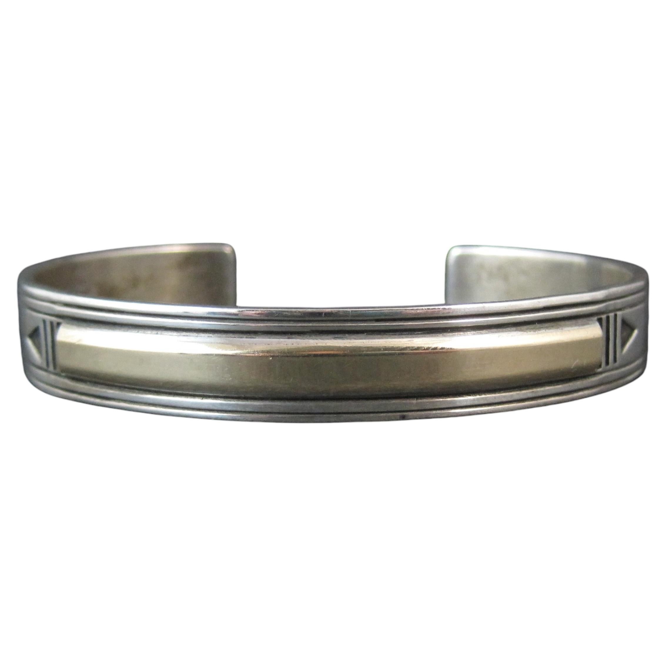 Vintage Southwestern Cuff Bracelet, Sterling Silver & 14K Gold, 1990s