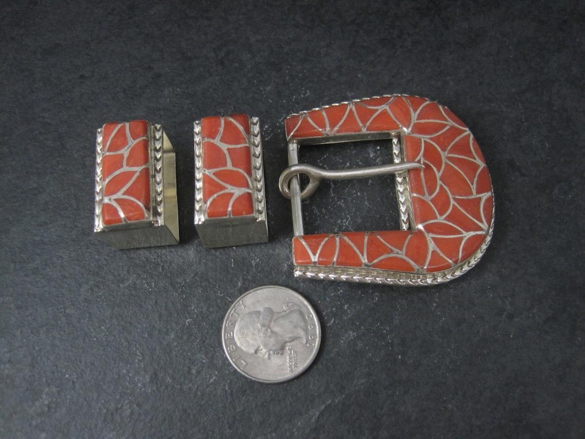 Native American Southwestern Sterling Coral Inlay Belt Buckle Set For Sale