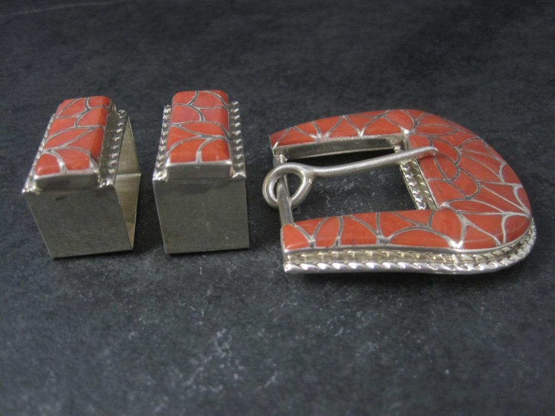 Native American Southwestern Sterling Coral Inlay Belt Buckle Set For Sale