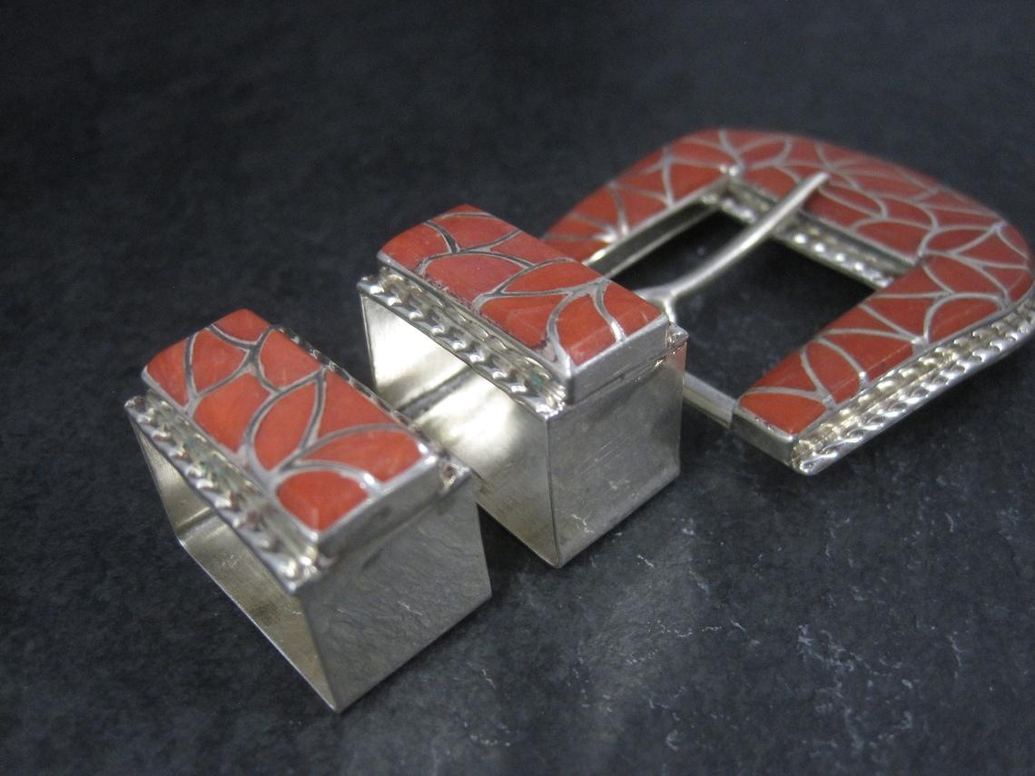 Southwestern Sterling Coral Inlay Belt Buckle Set In New Condition For Sale In Webster, SD