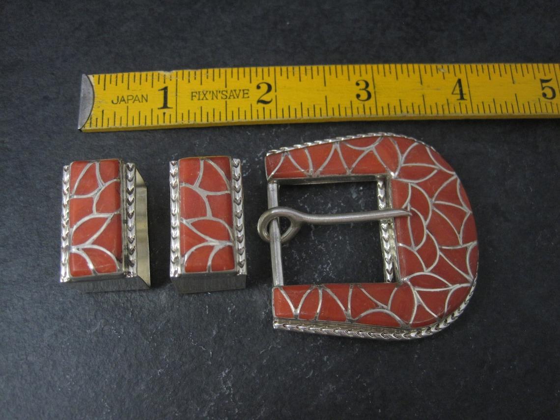 Women's Southwestern Sterling Coral Inlay Belt Buckle Set For Sale