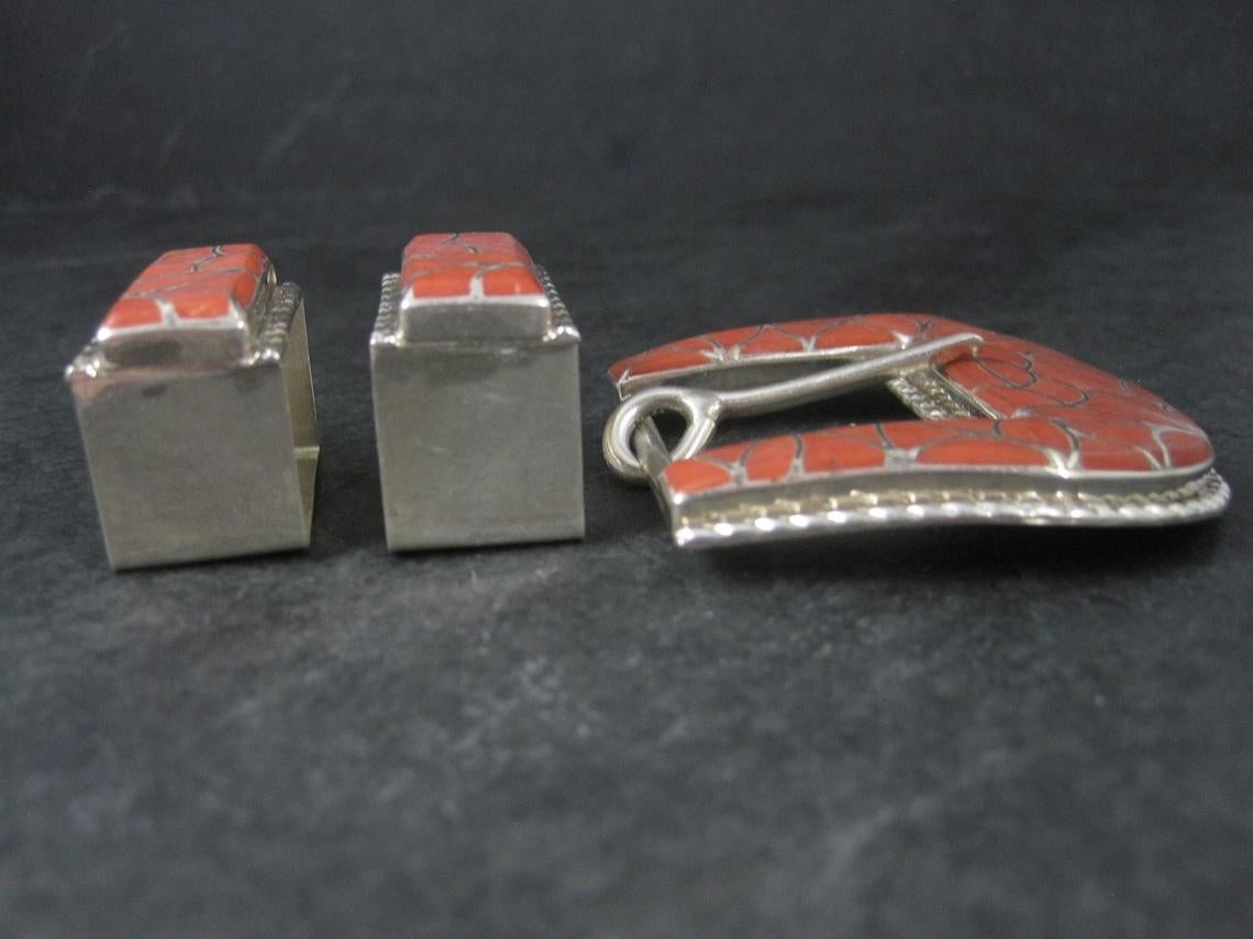 Women's Southwestern Sterling Coral Inlay Belt Buckle Set For Sale