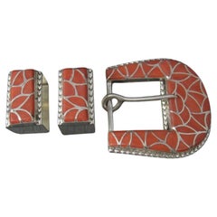Used Southwestern Sterling Coral Inlay Belt Buckle Set