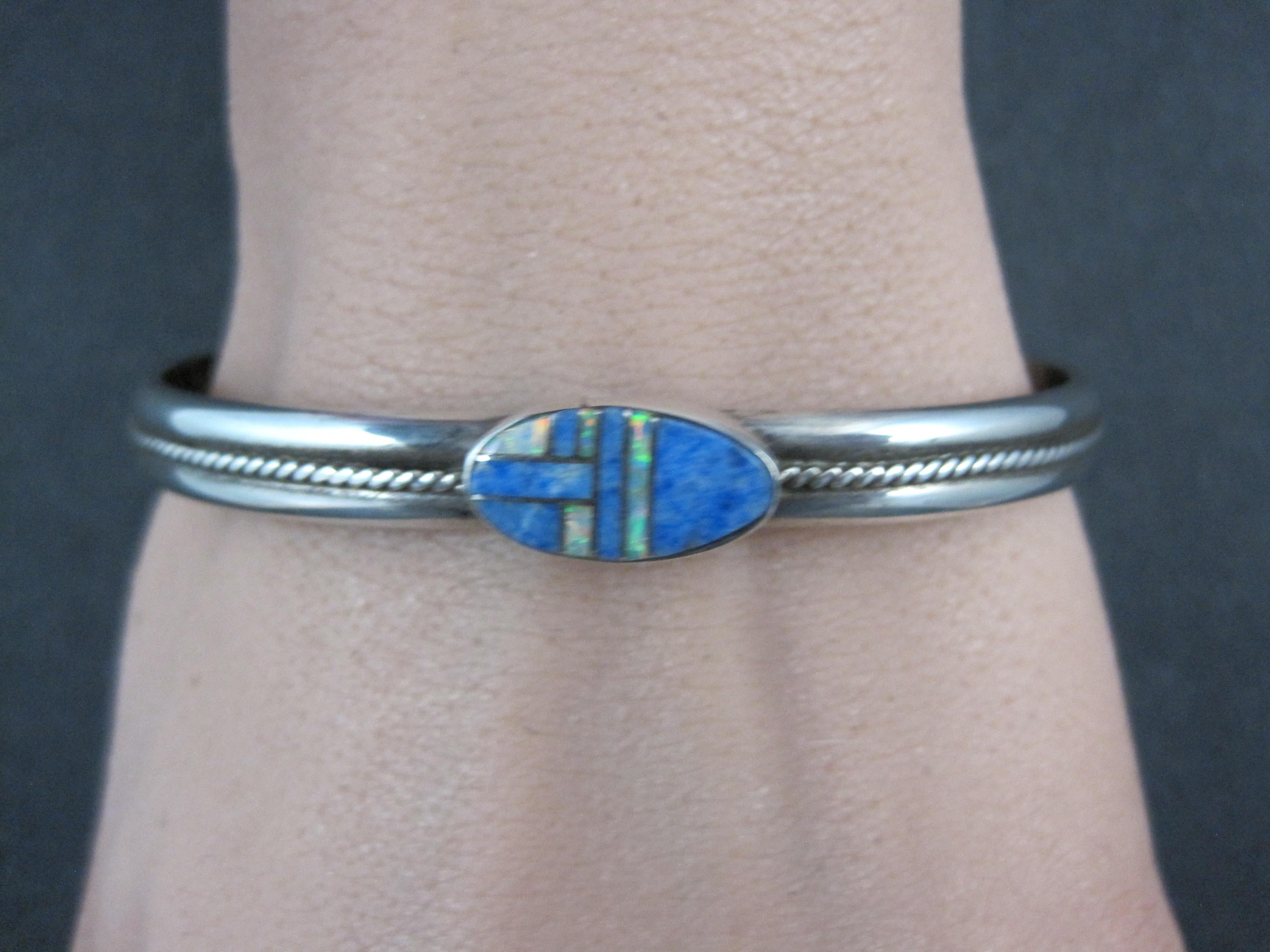 Southwestern Sterling Denim Lapis and Opal Inlay Cuff Bracelet 6.5 For Sale 4