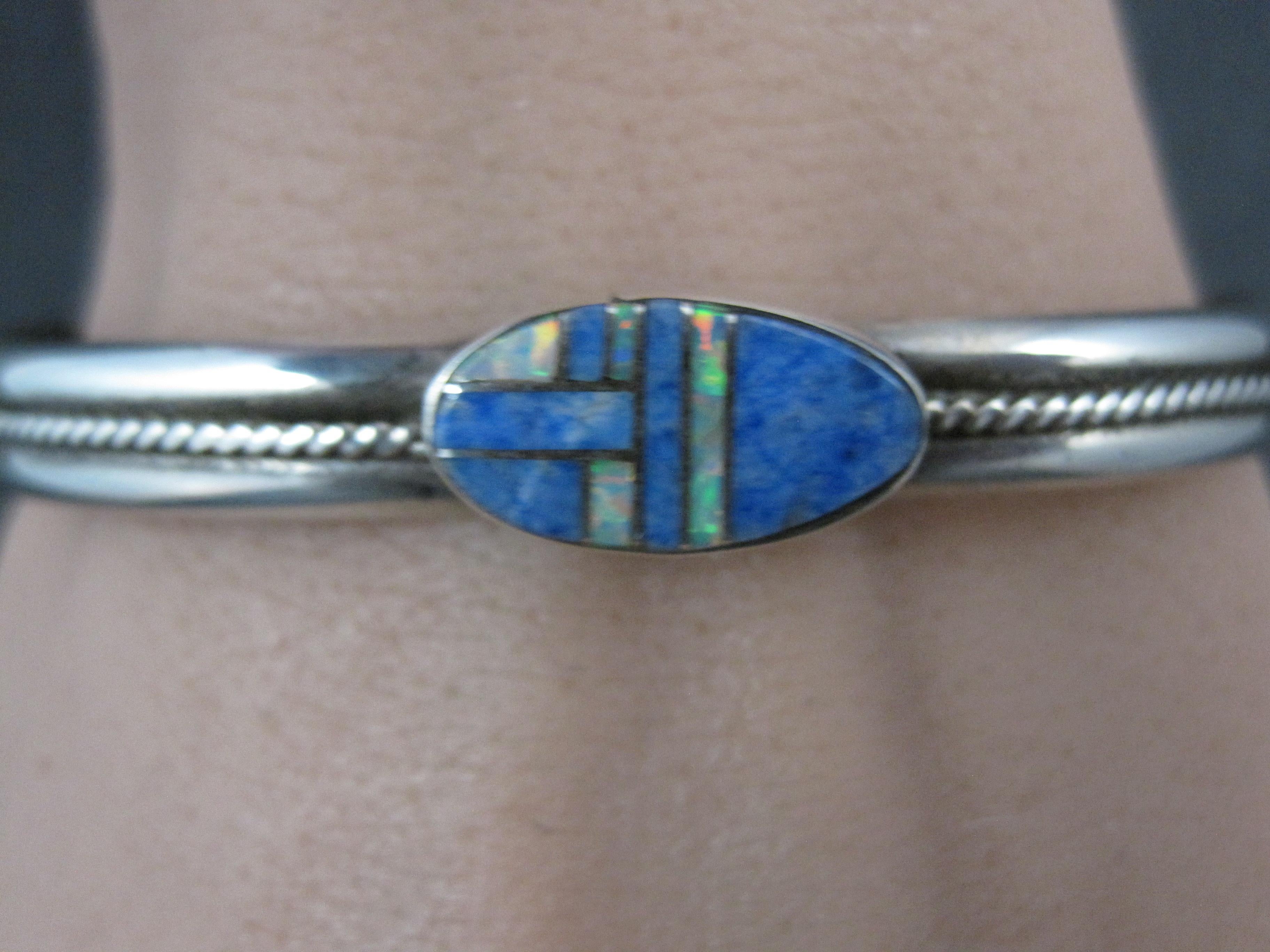 Southwestern Sterling Denim Lapis and Opal Inlay Cuff Bracelet 6.5 For Sale 5