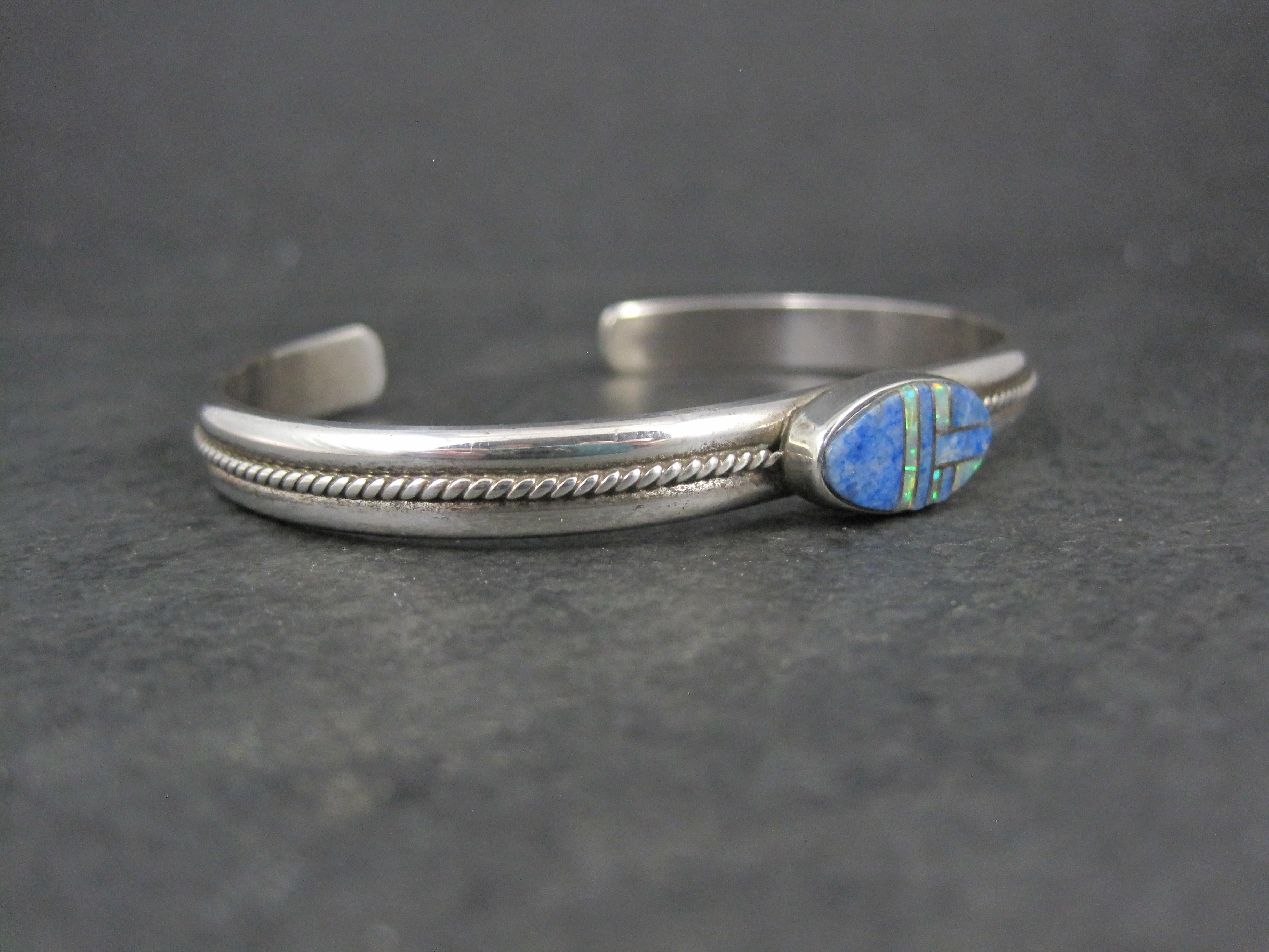 Native American Southwestern Sterling Denim Lapis and Opal Inlay Cuff Bracelet 6.5 For Sale