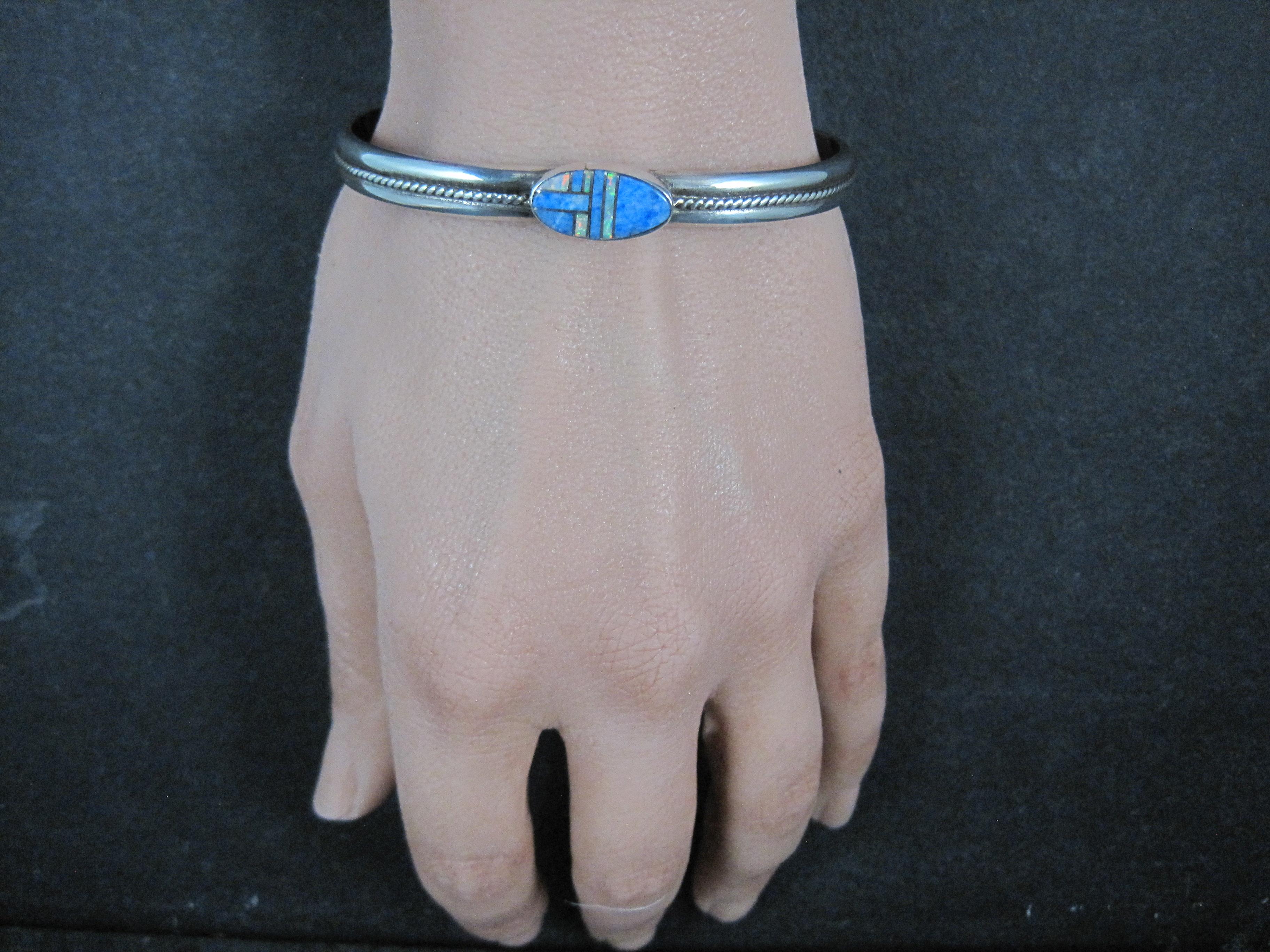 Southwestern Sterling Denim Lapis and Opal Inlay Cuff Bracelet 6.5 For Sale 3