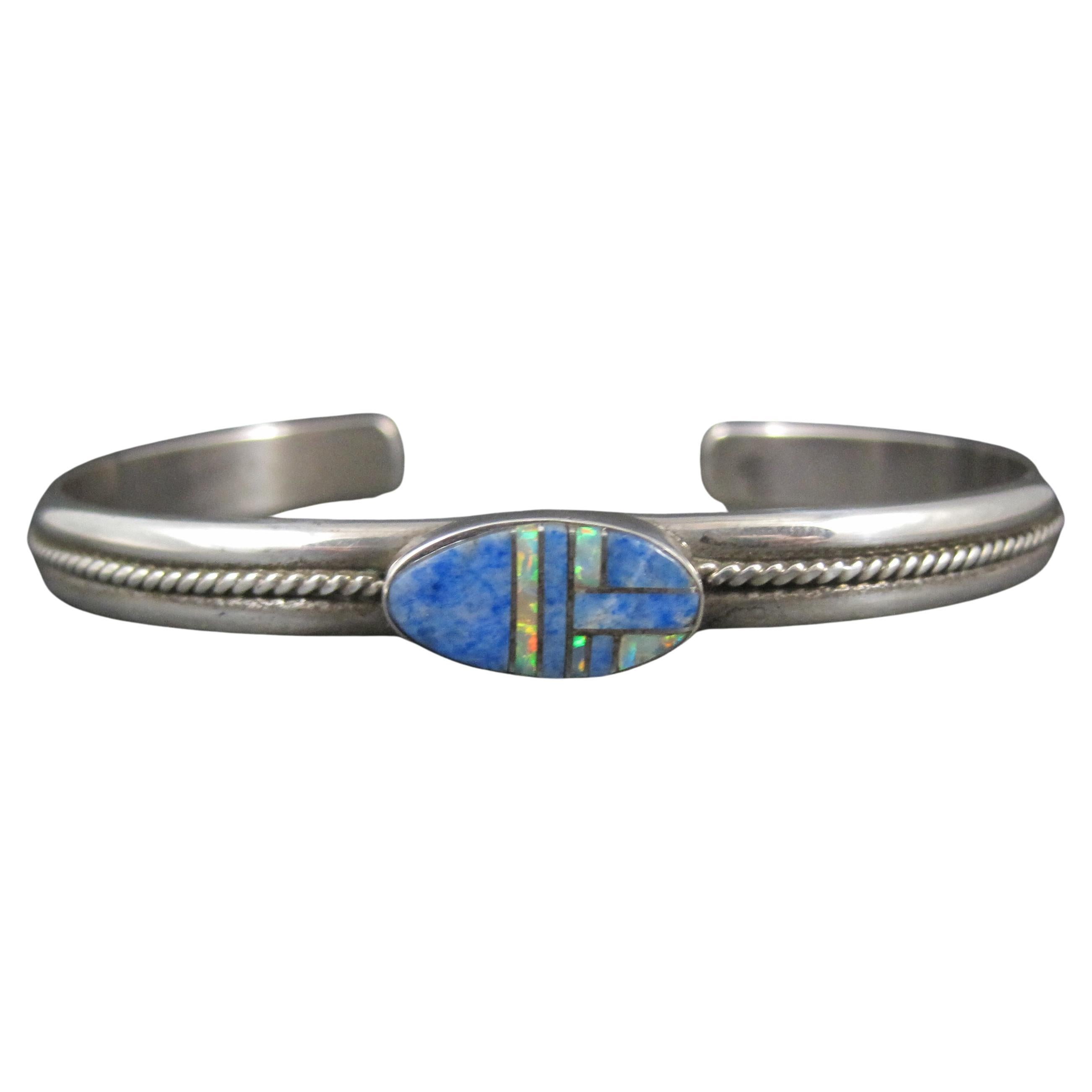 Southwestern Sterling Denim Lapis and Opal Inlay Cuff Bracelet 6.5