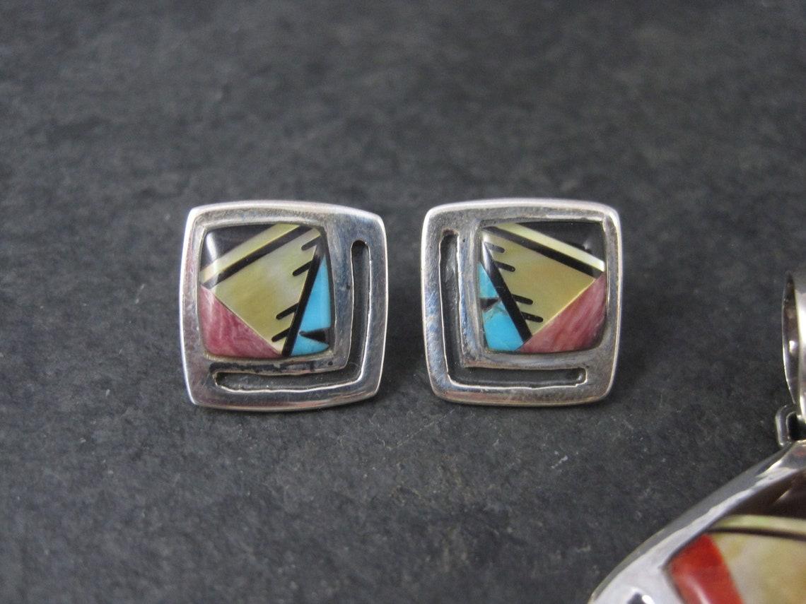 Southwestern Sterling Inlay Pendant and Earrings Jewelry Set For Sale 4