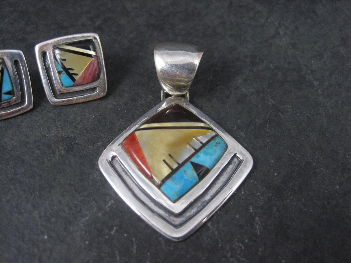 Southwestern Sterling Inlay Pendant and Earrings Jewelry Set For Sale 5