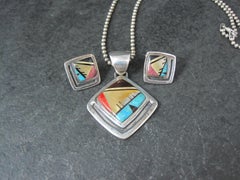 Southwestern Sterling Inlay Pendant and Earrings Jewelry Set