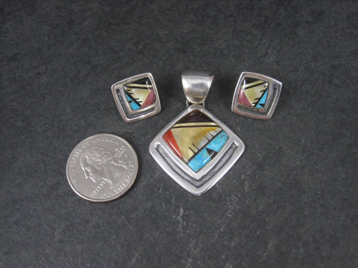 Native American Southwestern Sterling Inlay Pendant and Earrings Jewelry Set For Sale