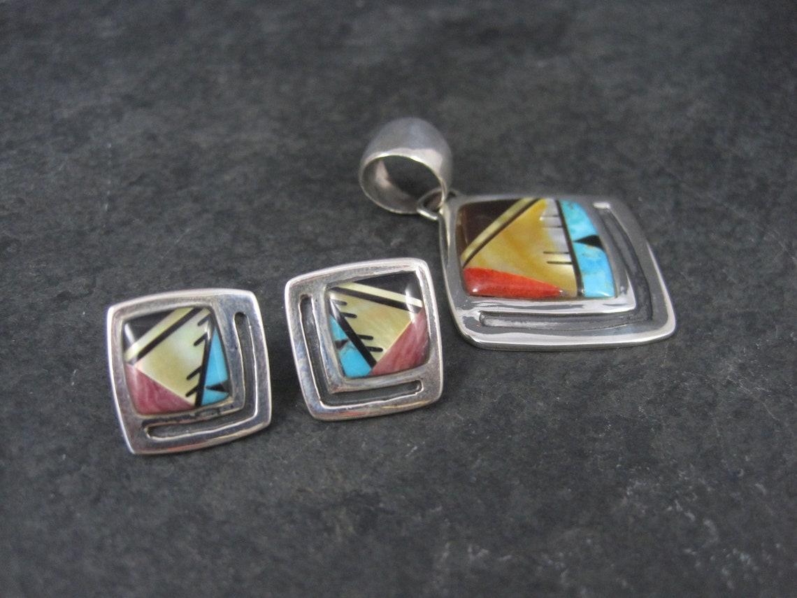 Women's Southwestern Sterling Inlay Pendant and Earrings Jewelry Set For Sale