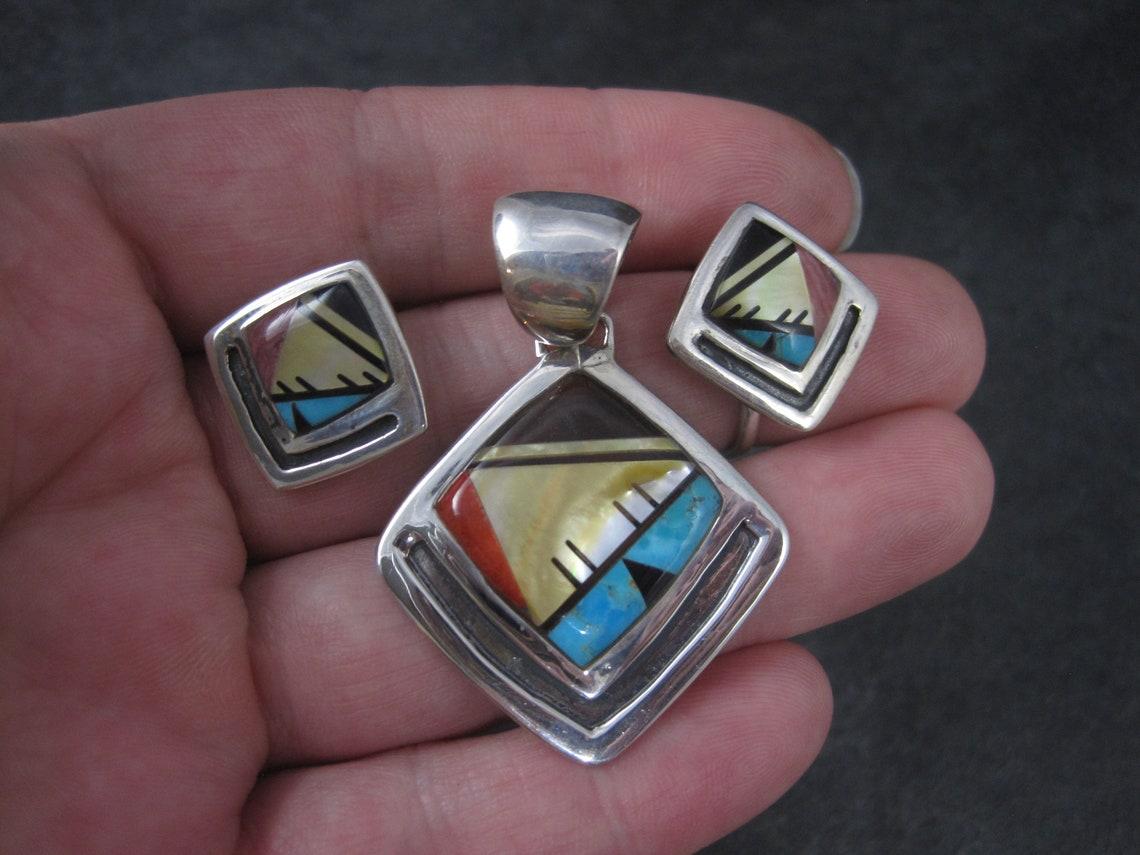 Southwestern Sterling Inlay Pendant and Earrings Jewelry Set For Sale 2