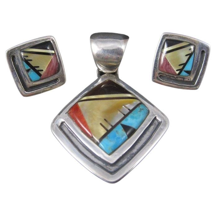 Southwestern Sterling Inlay Pendant and Earrings Jewelry Set For Sale