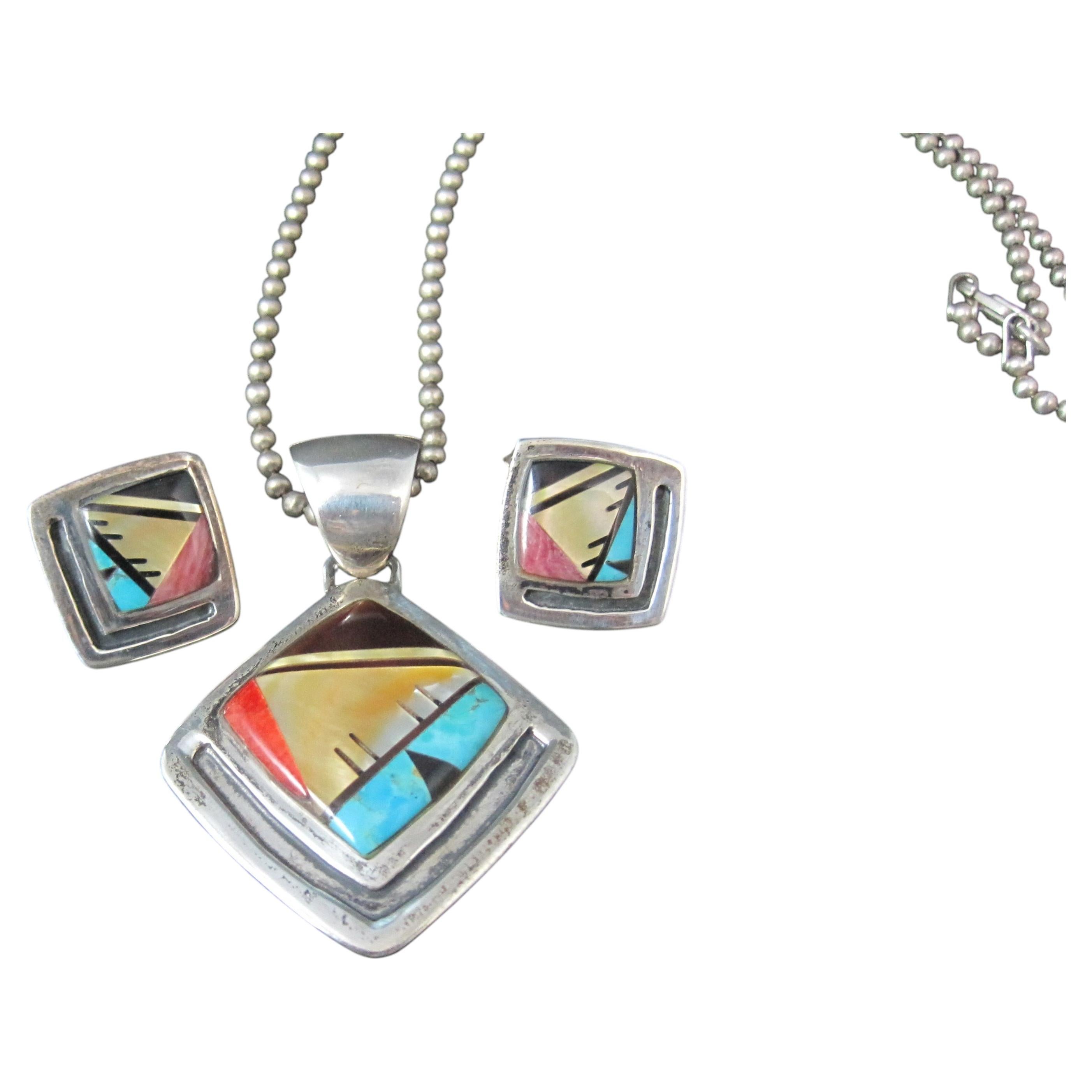 Southwestern Sterling Inlay Pendant and Earrings Jewelry Set For Sale