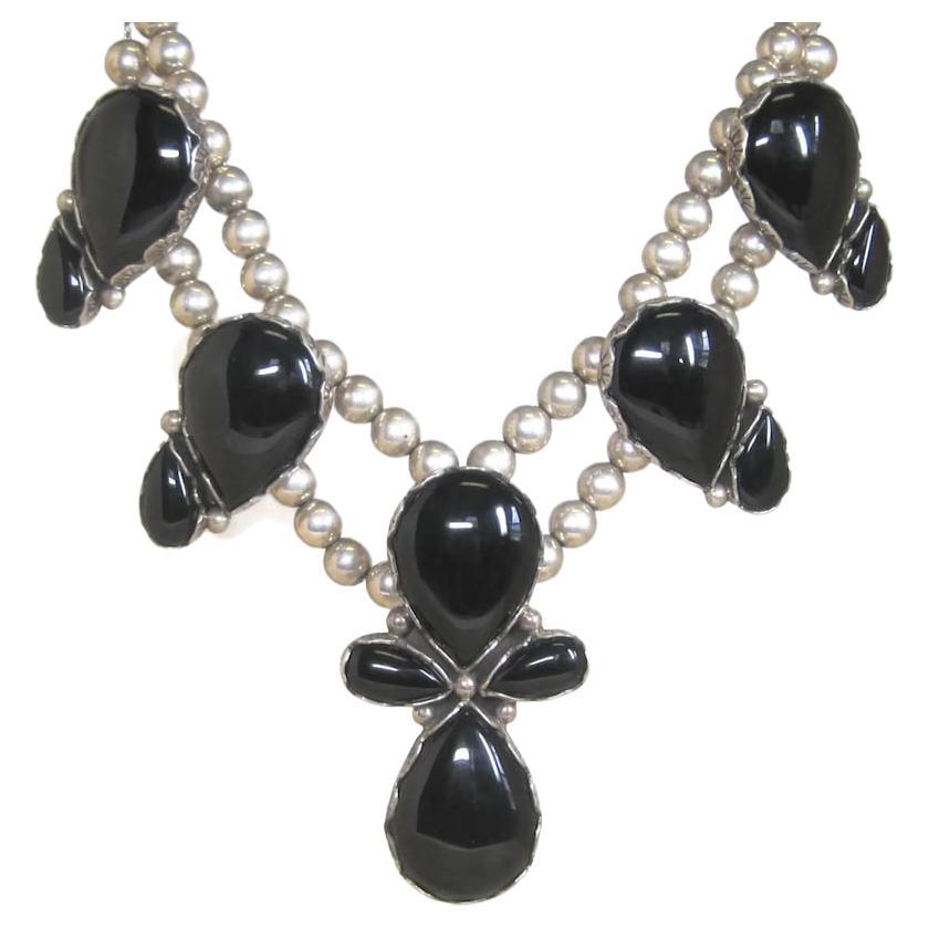 Southwestern Sterling Onyx Necklace For Sale