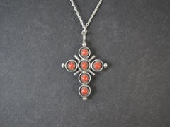 Southwestern Sterling Reversible Turquoise & Coral Cross Pendant Necklace