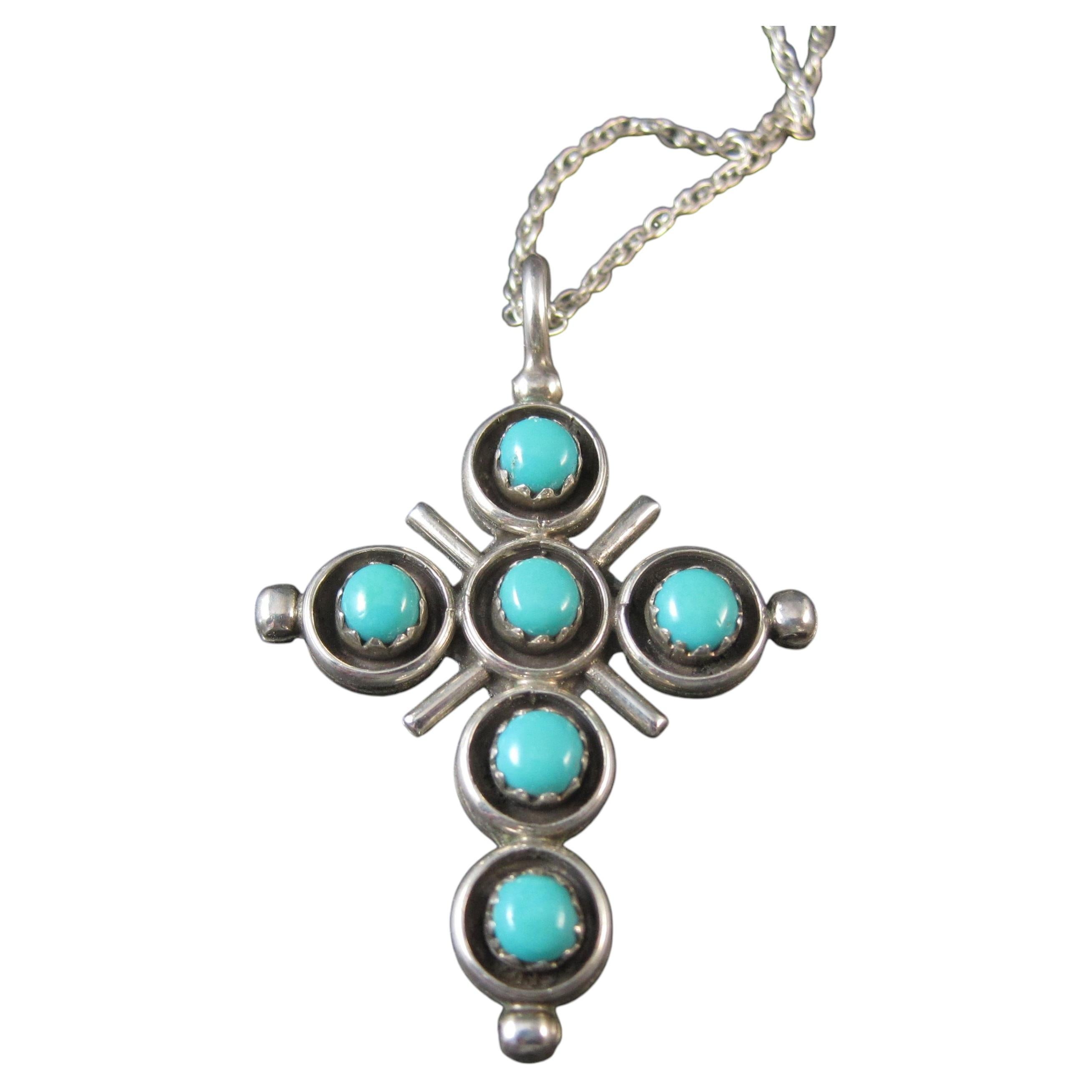 Southwestern Sterling Reversible Turquoise & Coral Cross Pendant Necklace