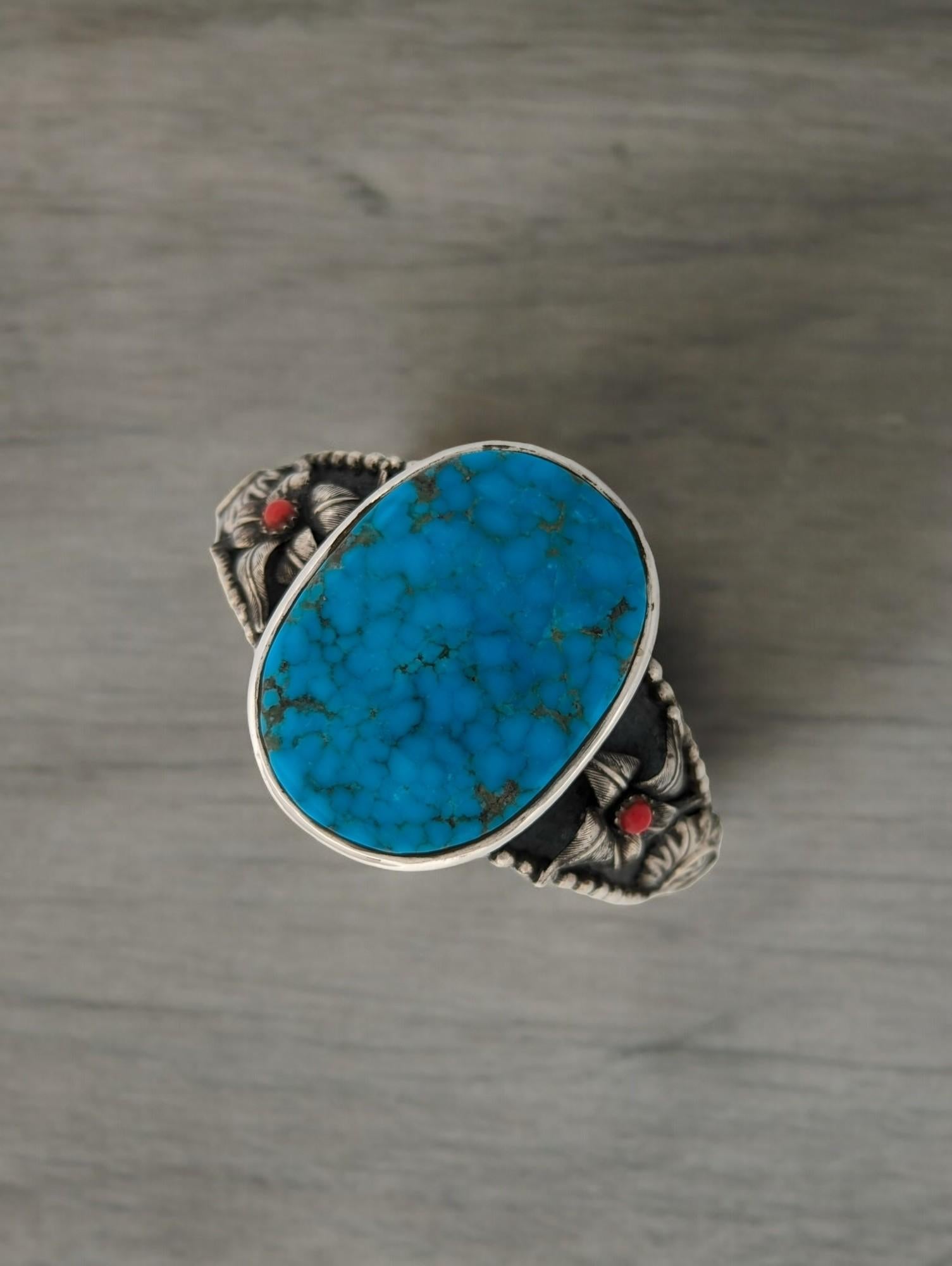 Women's Southwestern Sterling Silver Cuff bracelet with Kingman Turquoise and Coral For Sale