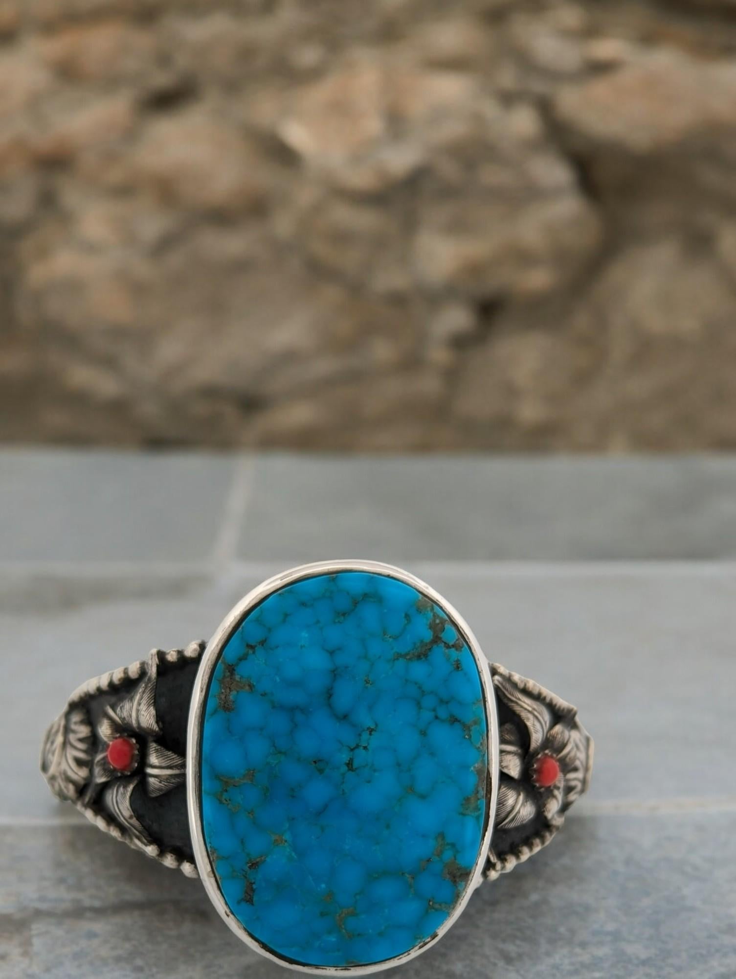 Southwestern Sterling Silver Cuff bracelet with Kingman Turquoise and Coral For Sale 3