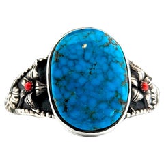 Southwestern Sterling Silver Cuff bracelet with Kingman Turquoise and Coral