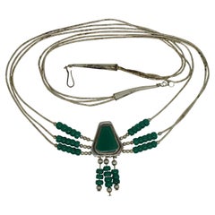 Retro Southwestern Sterling Silver Green Turquoise Bead Strand Statement Necklace 21"