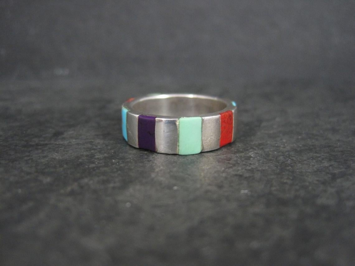 Native American Southwestern Sterling Silver Inlaid Band Ring Size 7 For Sale