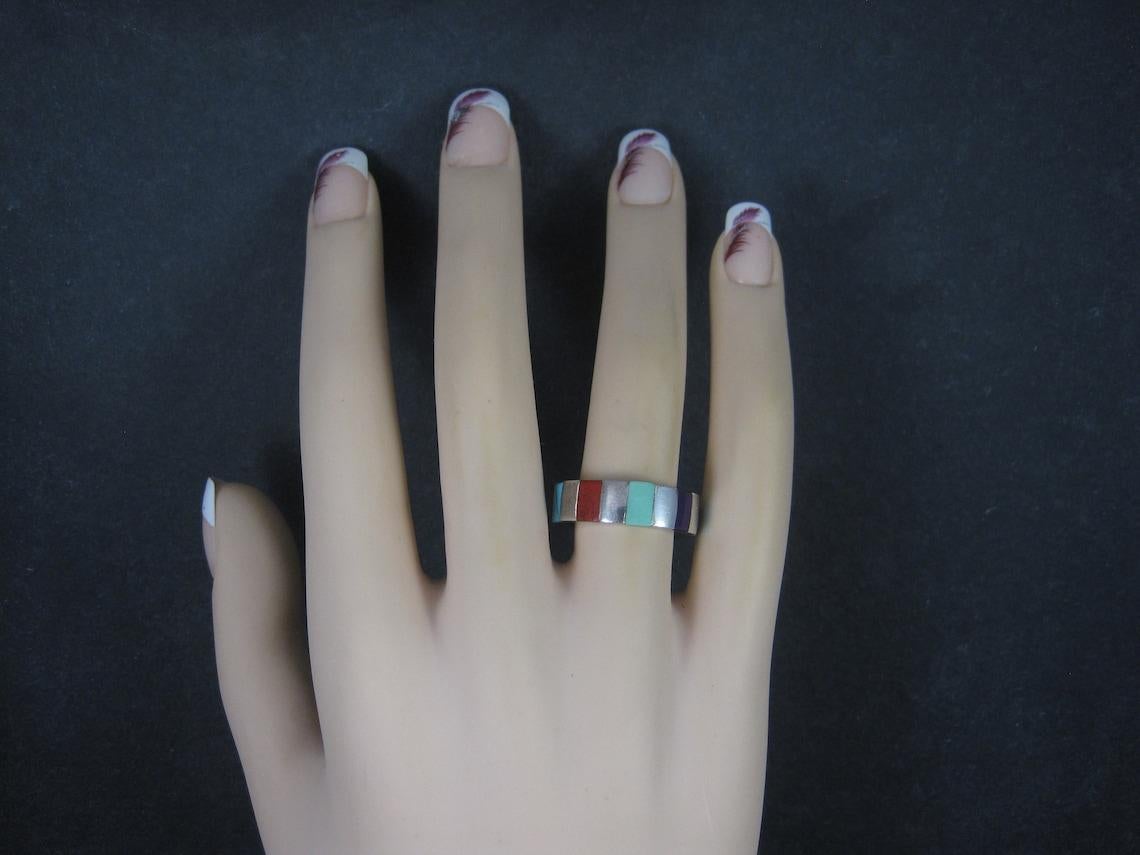 Southwestern Sterling Silver Inlaid Band Ring Size 7 For Sale 1