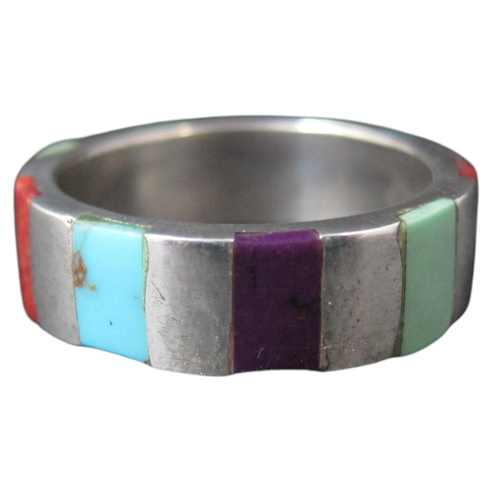 Vintage Southwestern Sterling Silver Inlaid Band Ring Größe 7 im Angebot