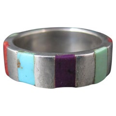 Vintage Southwestern Sterling Silver Inlaid Band Ring Size 7