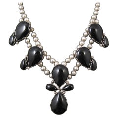 Large Vintage Native American Sterling Silver Onyx Necklace One of a Kind