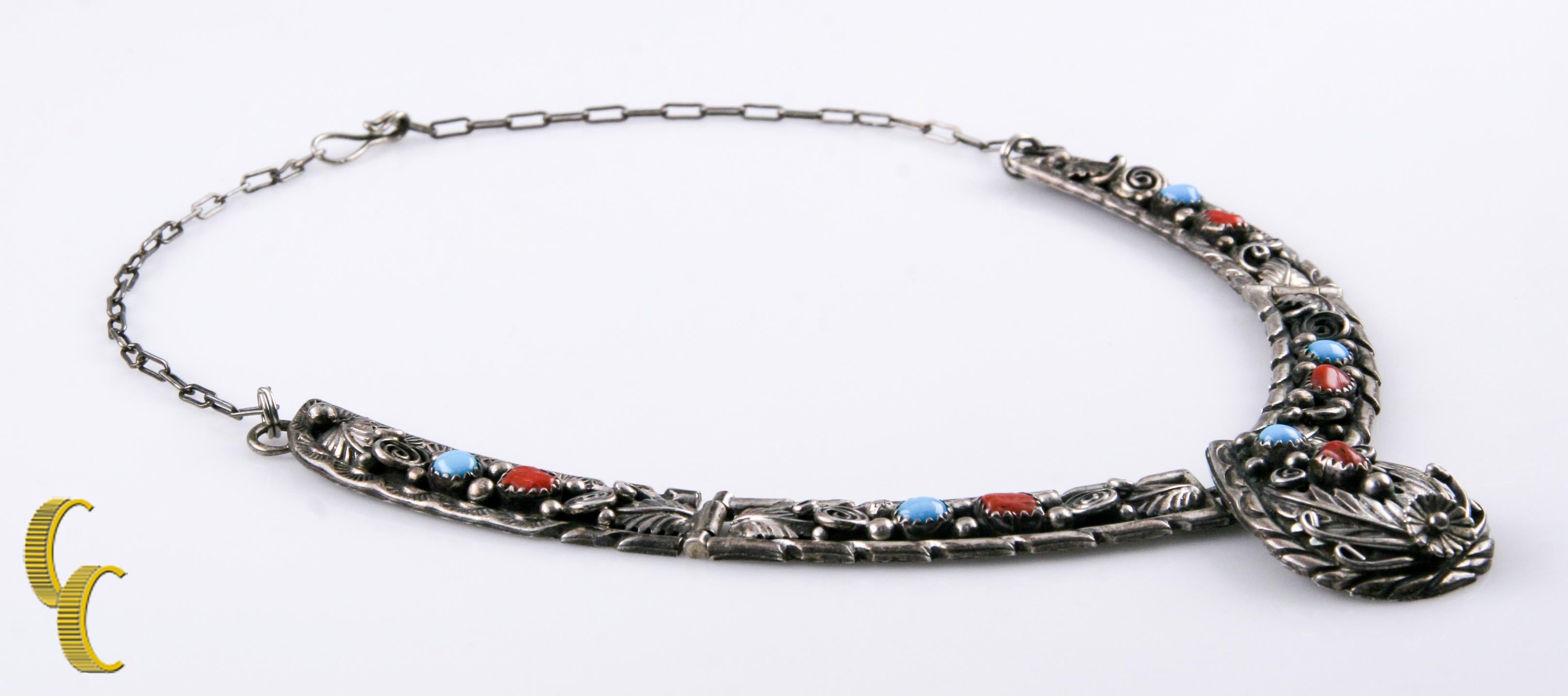 Cabochon Southwestern Sterling Silver Panel Necklace with Turquoise & Coral, Size 16 For Sale