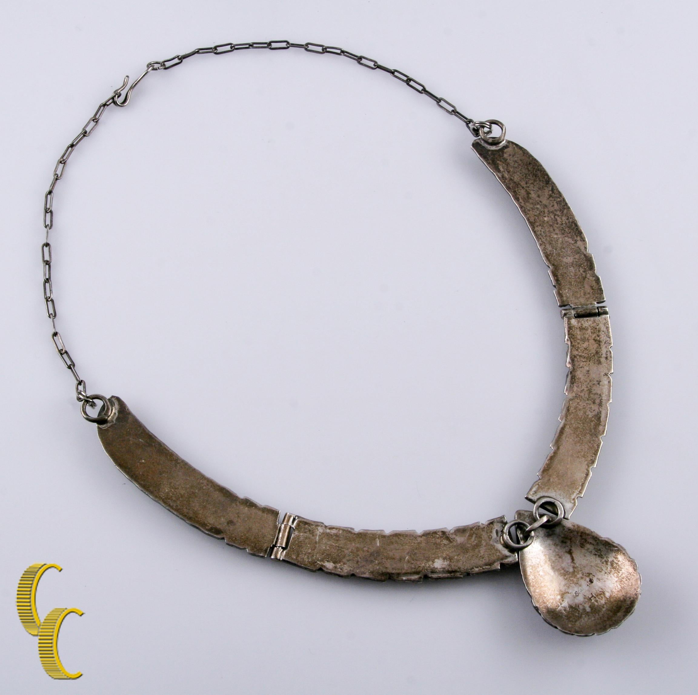 Southwestern Sterling Silver Panel Necklace with Turquoise & Coral, Size 16 In Good Condition For Sale In Van Nuys, CA