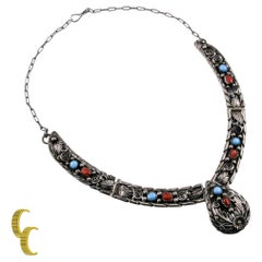 Vintage Southwestern Sterling Silver Panel Necklace with Turquoise & Coral, Size 16