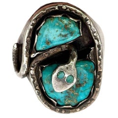 Southwestern Sterling Silver Turquoise Size 10 Zuni Snake Ring by Effie Calavaza