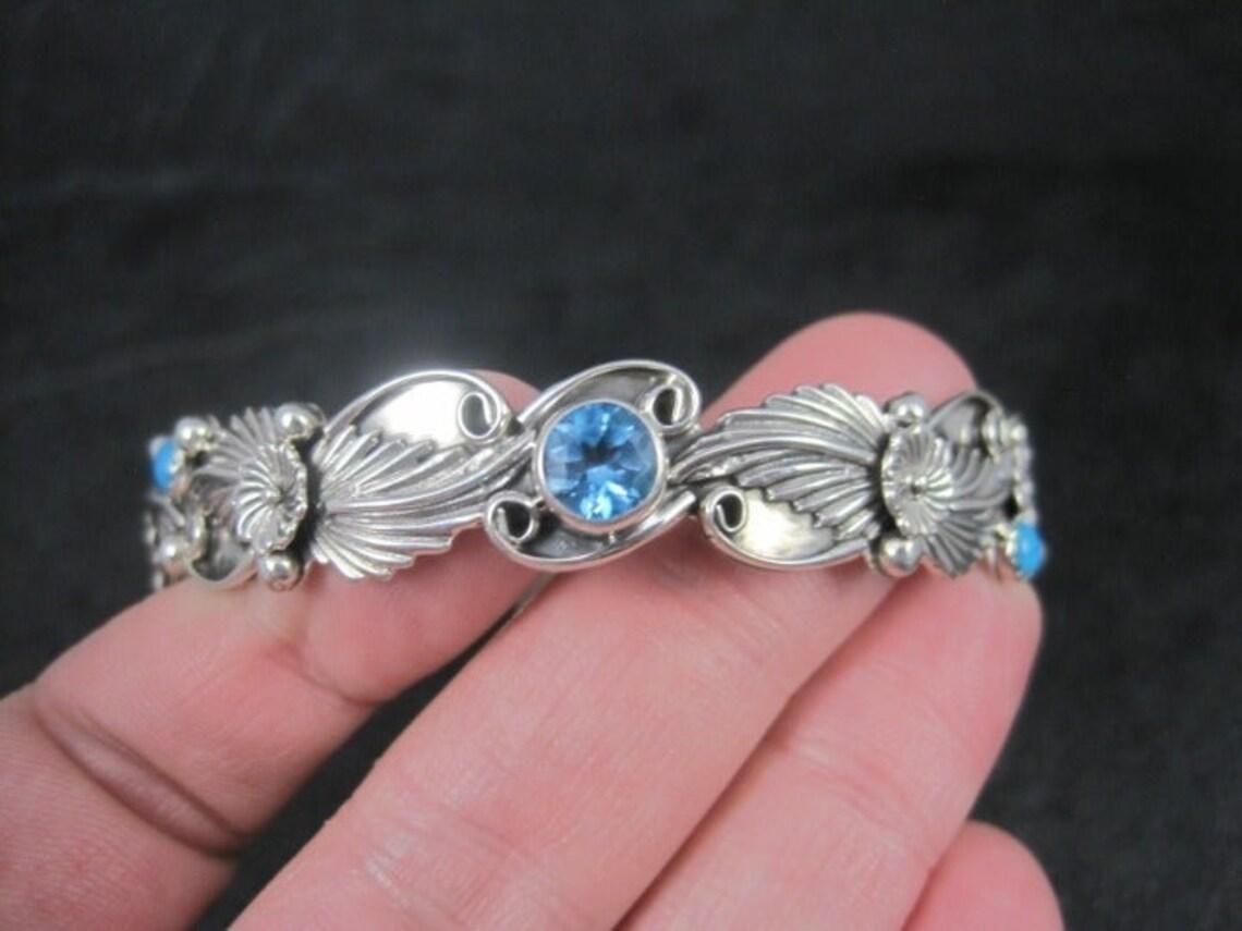 Southwestern Sterling Topaz Turquoise Bangle Bracelet For Sale 2