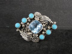 Southwestern Sterling Topaz Turquoise Two Finger Ring Sizes 9 and 8.5