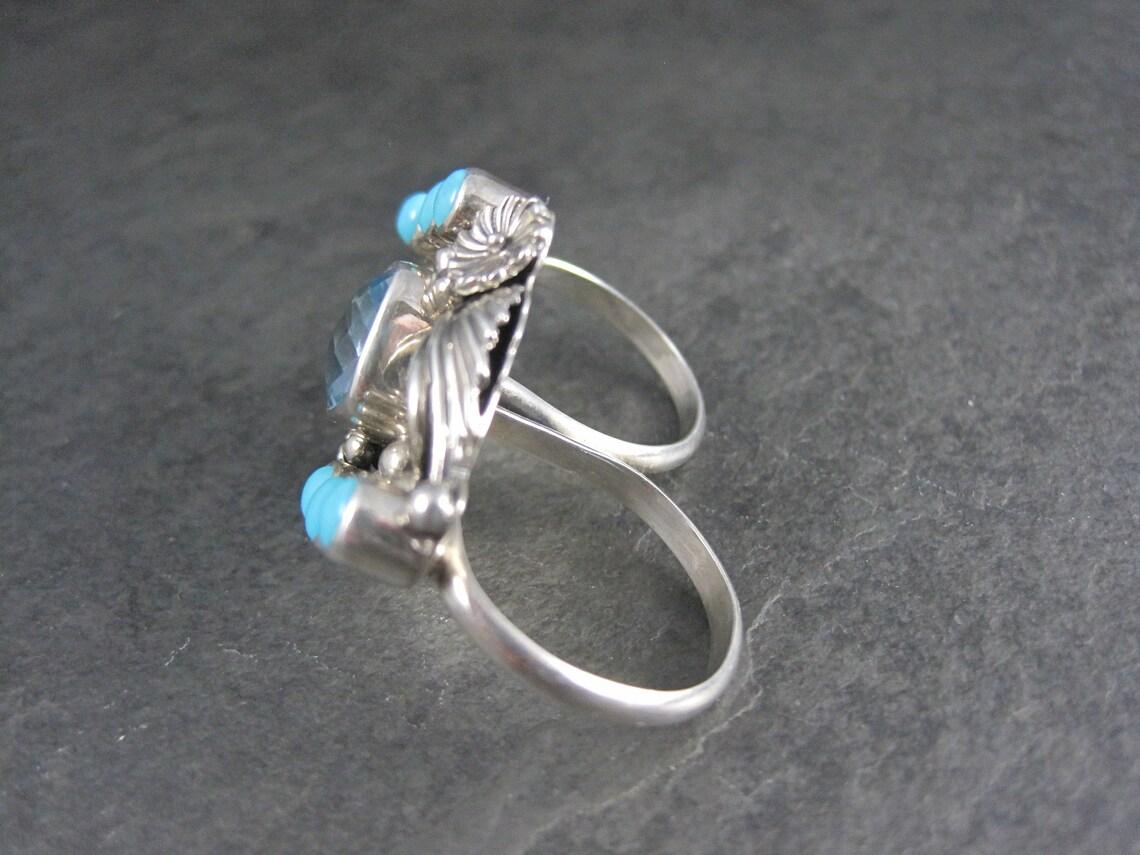 Mixed Cut Southwestern Sterling Topaz Turquoise Two Finger Ring Sizes 9 and 8.5 For Sale