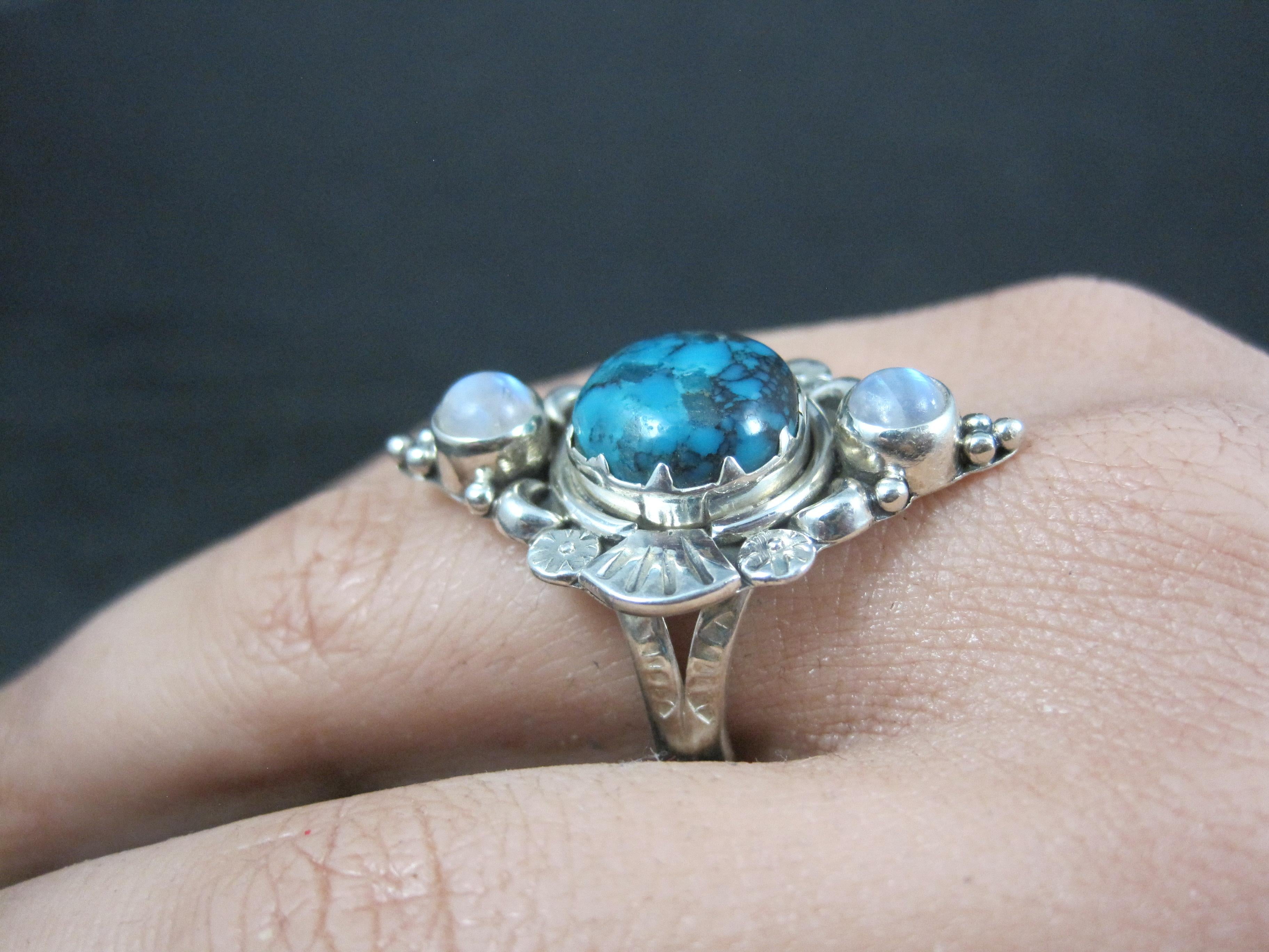 Southwestern Sterling Turquoise and Moonstone Ring Size 7 For Sale 4