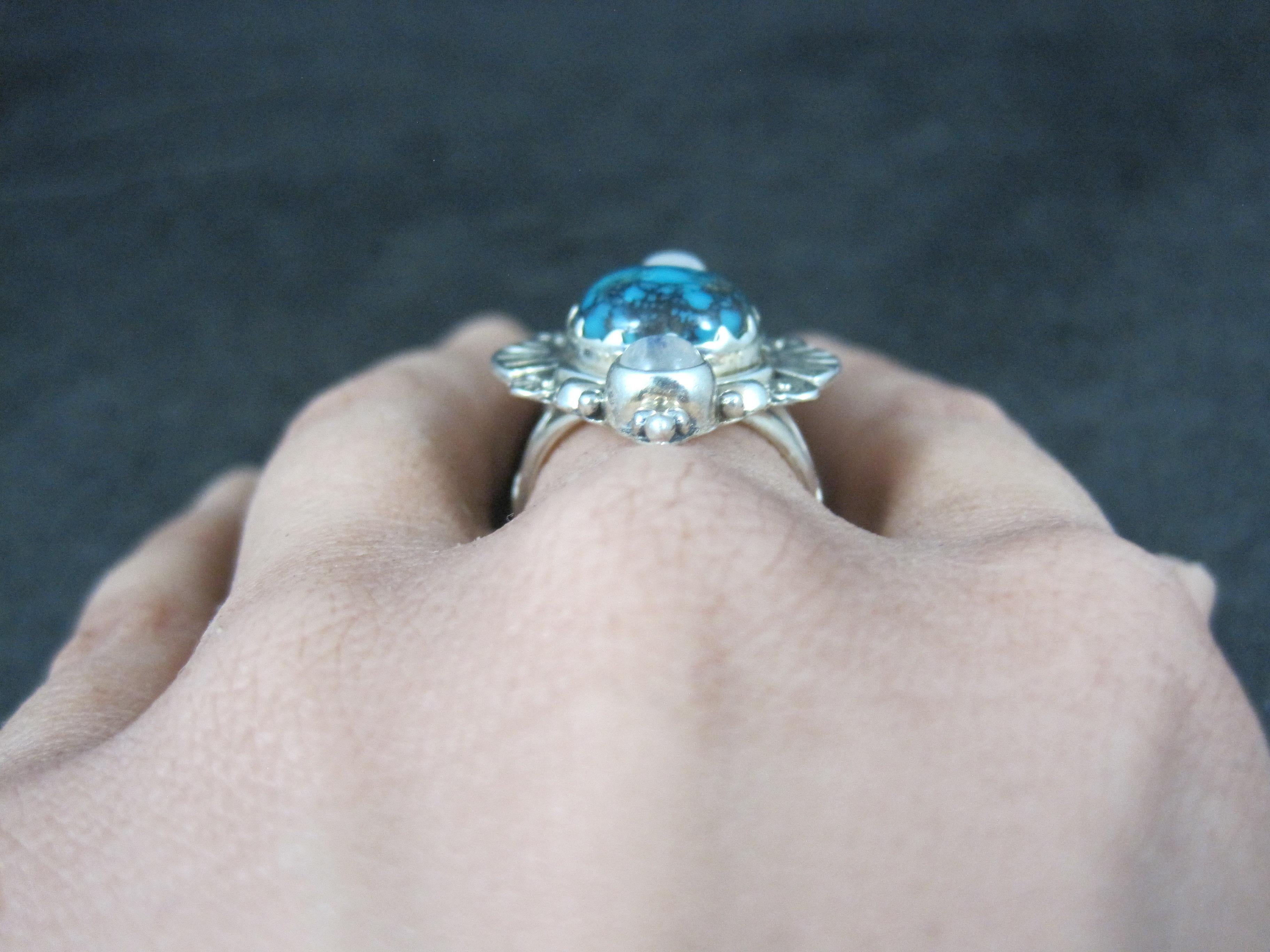 Southwestern Sterling Turquoise and Moonstone Ring Size 7 For Sale 5