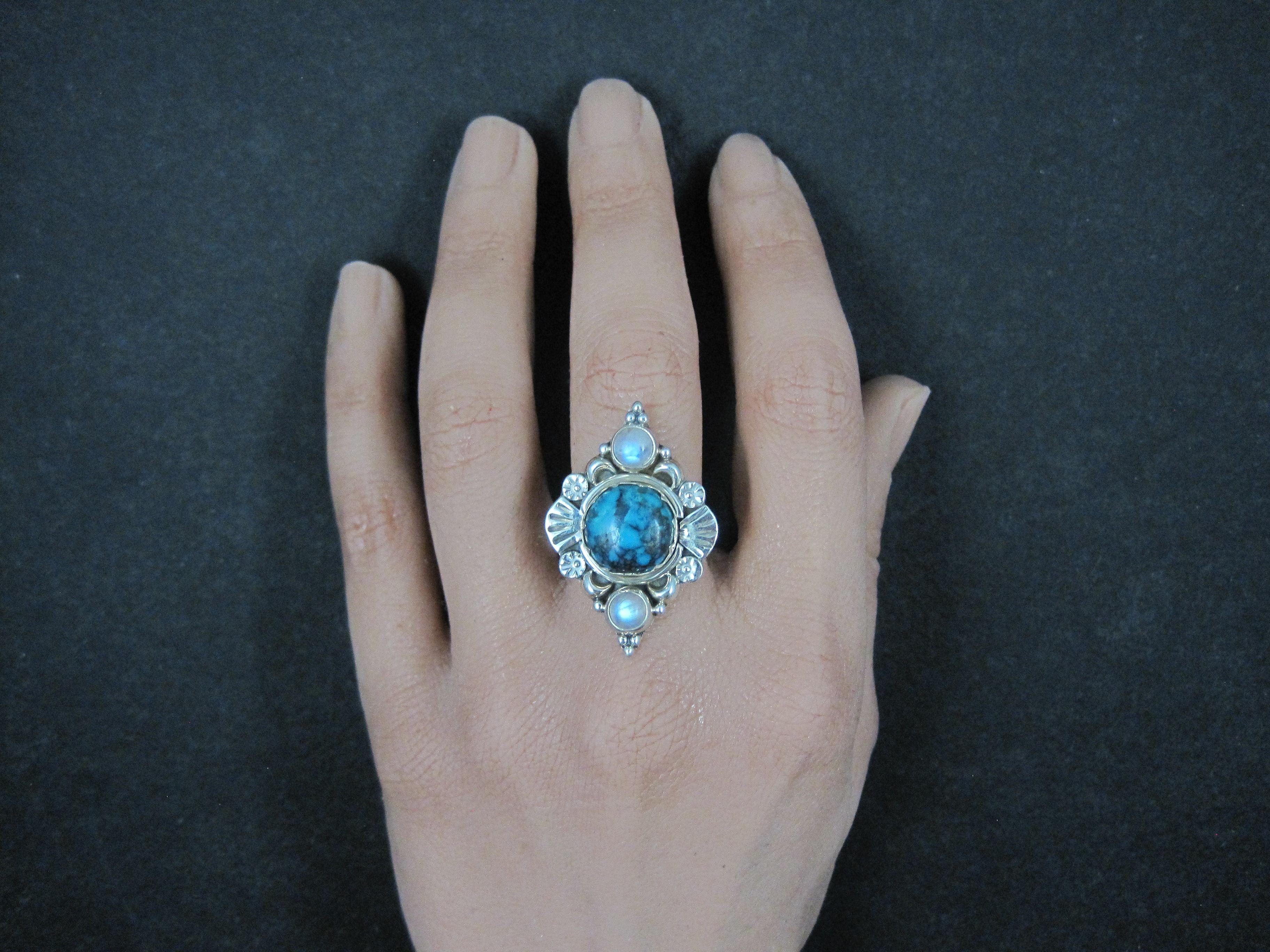 Southwestern Sterling Turquoise and Moonstone Ring Size 7 For Sale 6