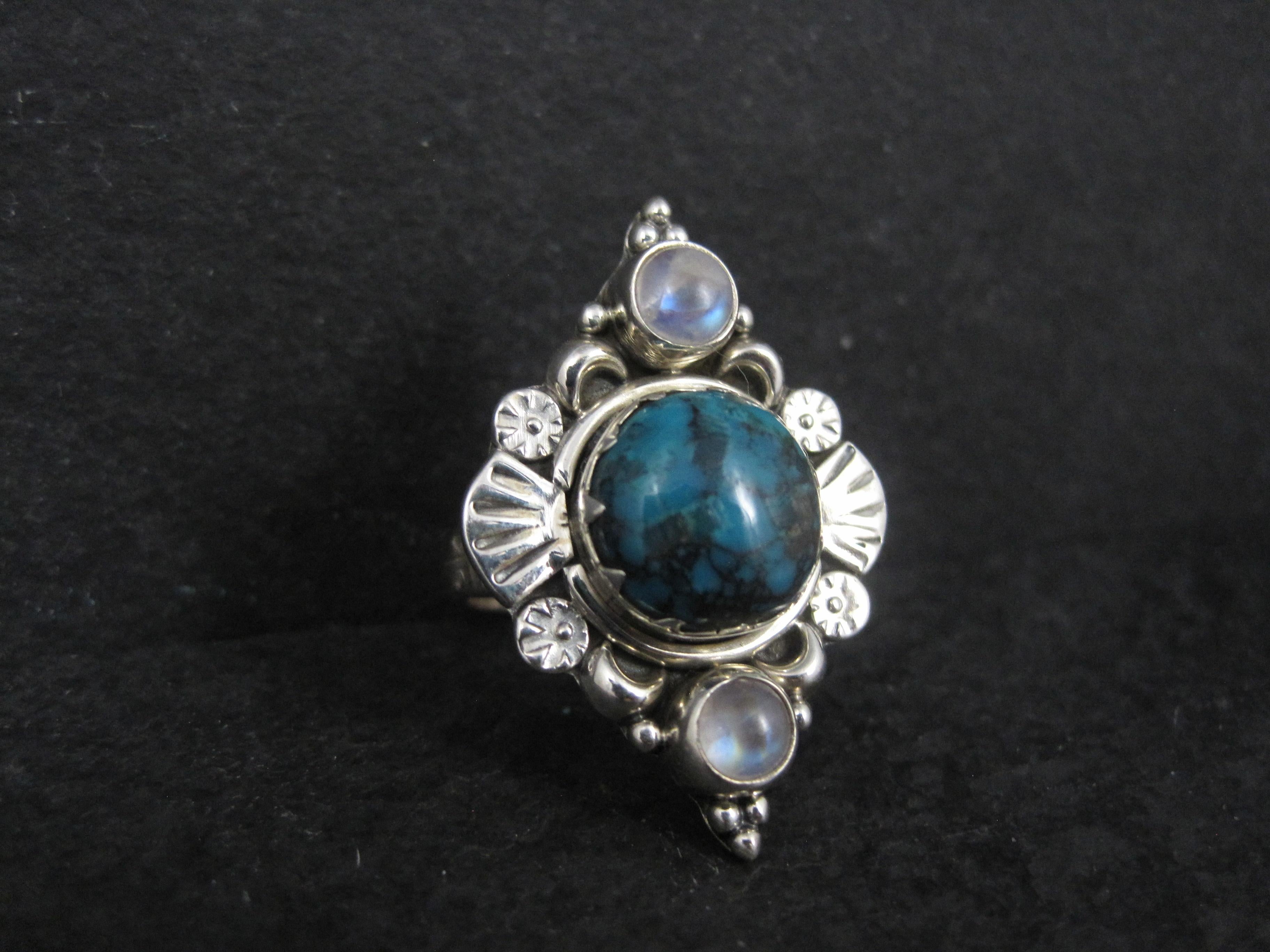 Native American Southwestern Sterling Turquoise and Moonstone Ring Size 7 For Sale