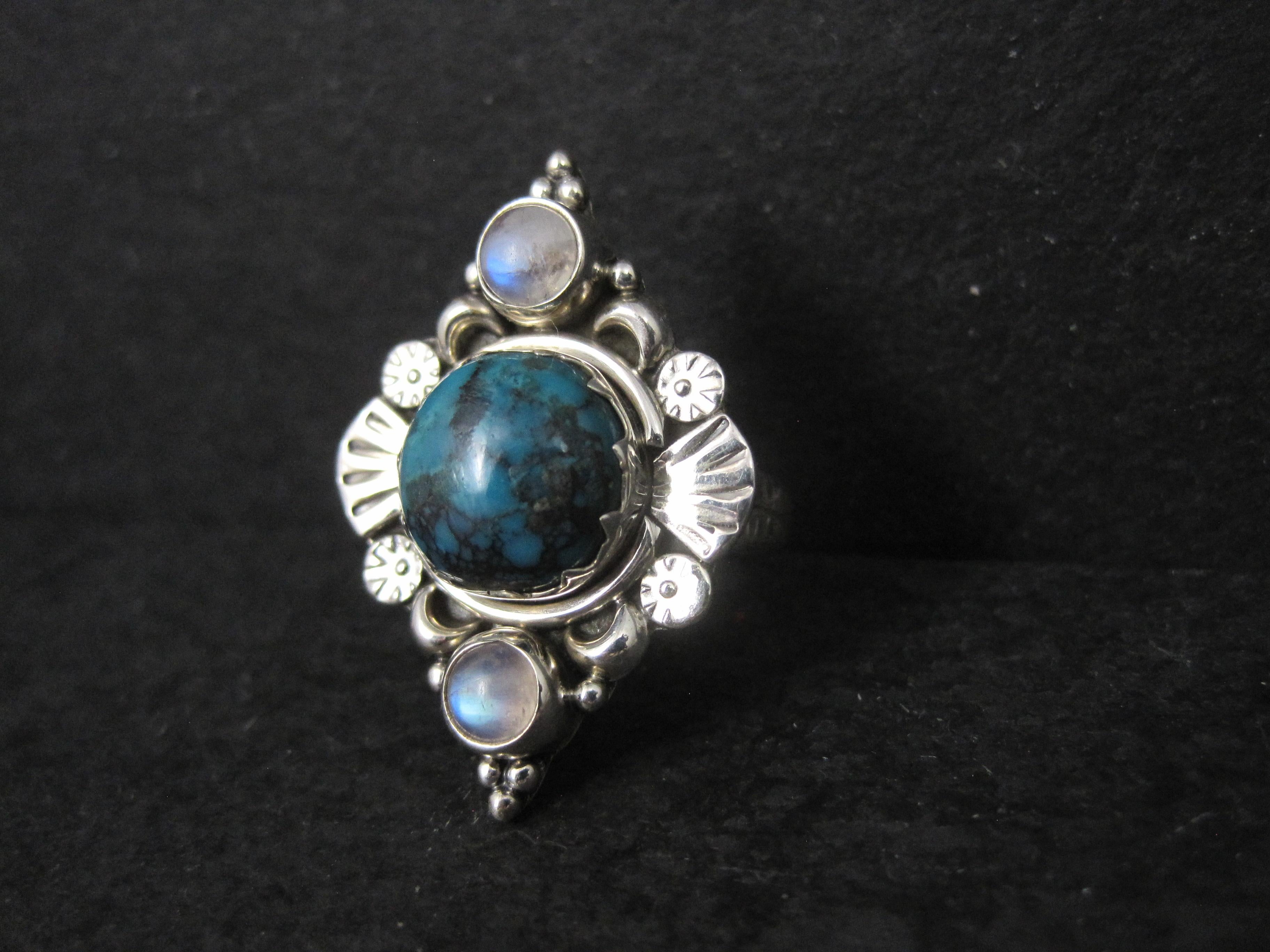 Cabochon Southwestern Sterling Turquoise and Moonstone Ring Size 7 For Sale